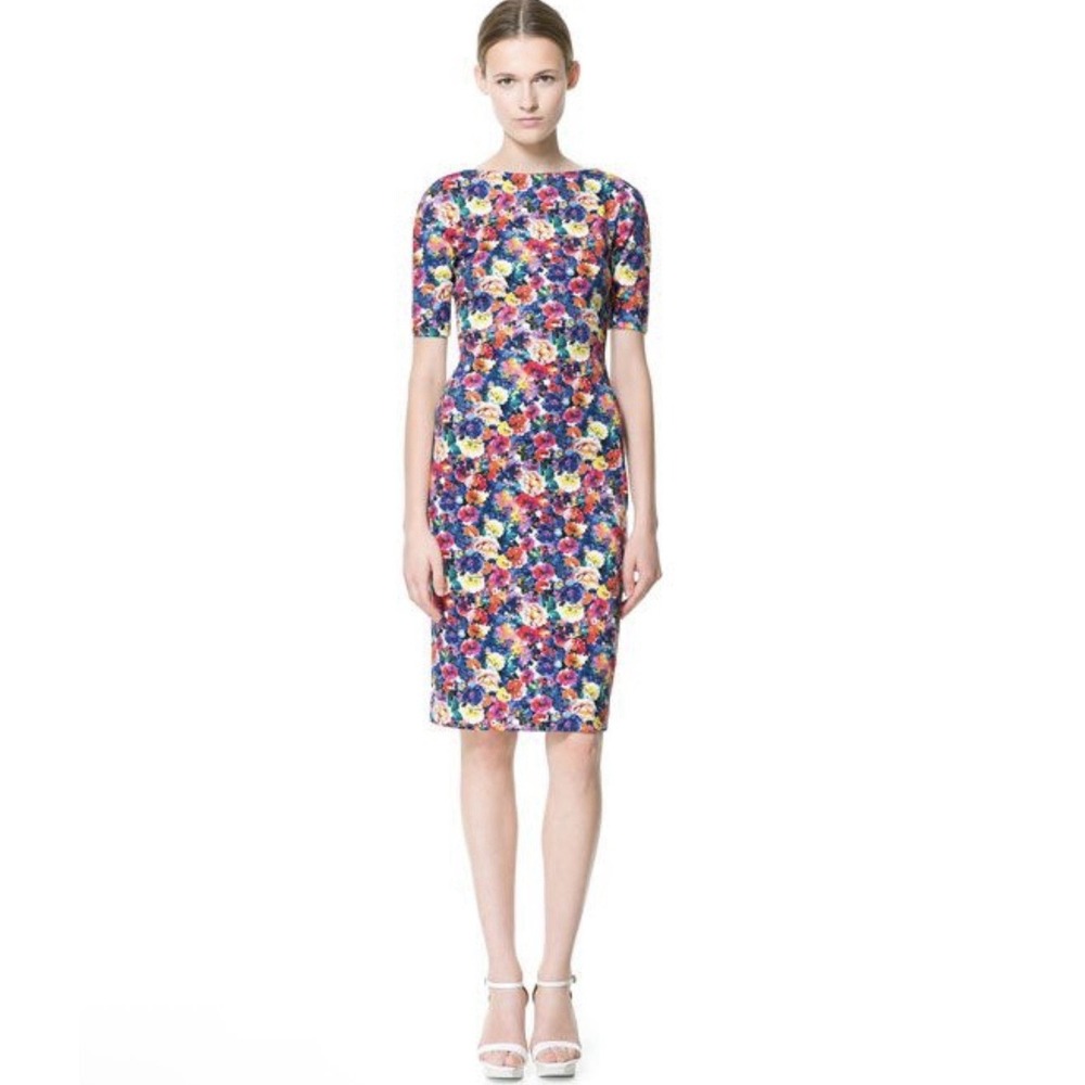 Zara Floral Printed Midi Dress Pencil Tube Bodycon Bloggers Xsmall - Picture 2 of 7